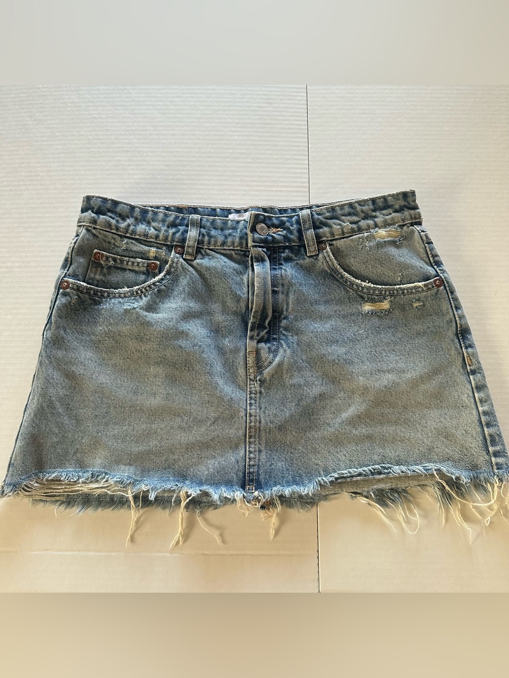 Zara Light Blue Distressed Denim Mini Skirt